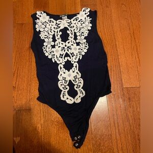 Venus navy blue and white embroider lace body suit size Xs